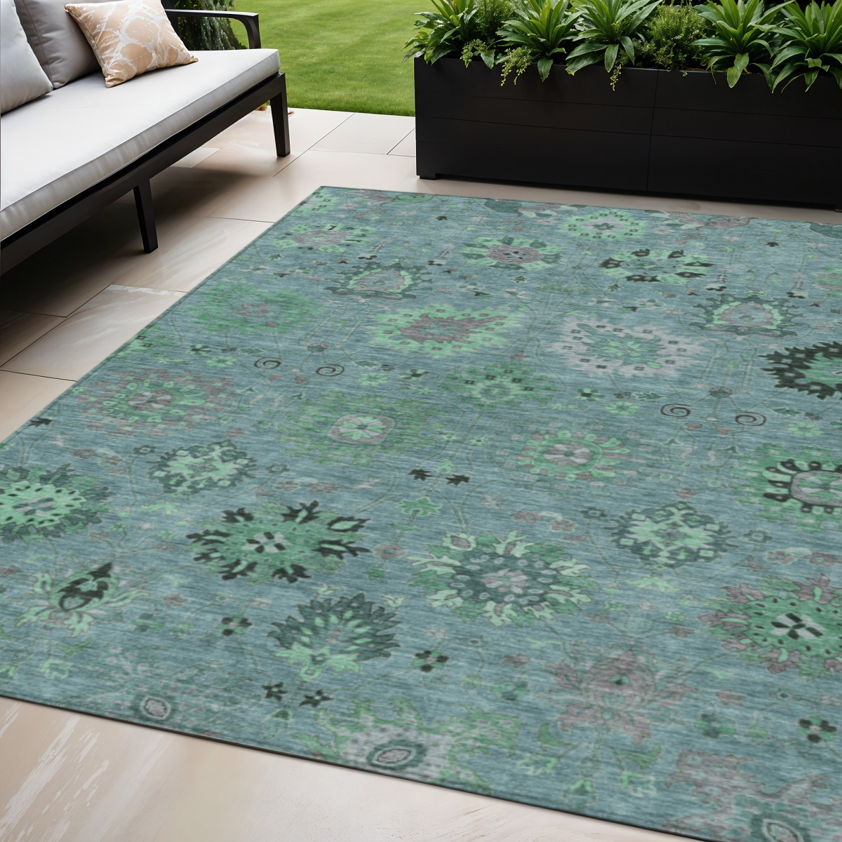 657890 5 x 8 ft. Teal, Blue & Gray Damask Washable Transitional Indoor & Outdoor Rectangle Area Rug