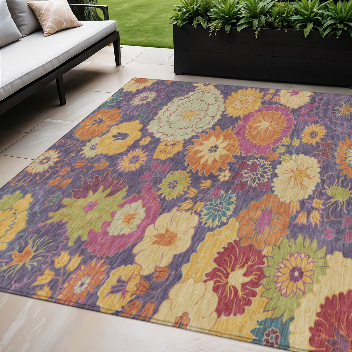 658082 5 x 8 ft. Purple Gold & Pink Floral Washable Transitional Indoor & Outdoor Rectangle Area Rug