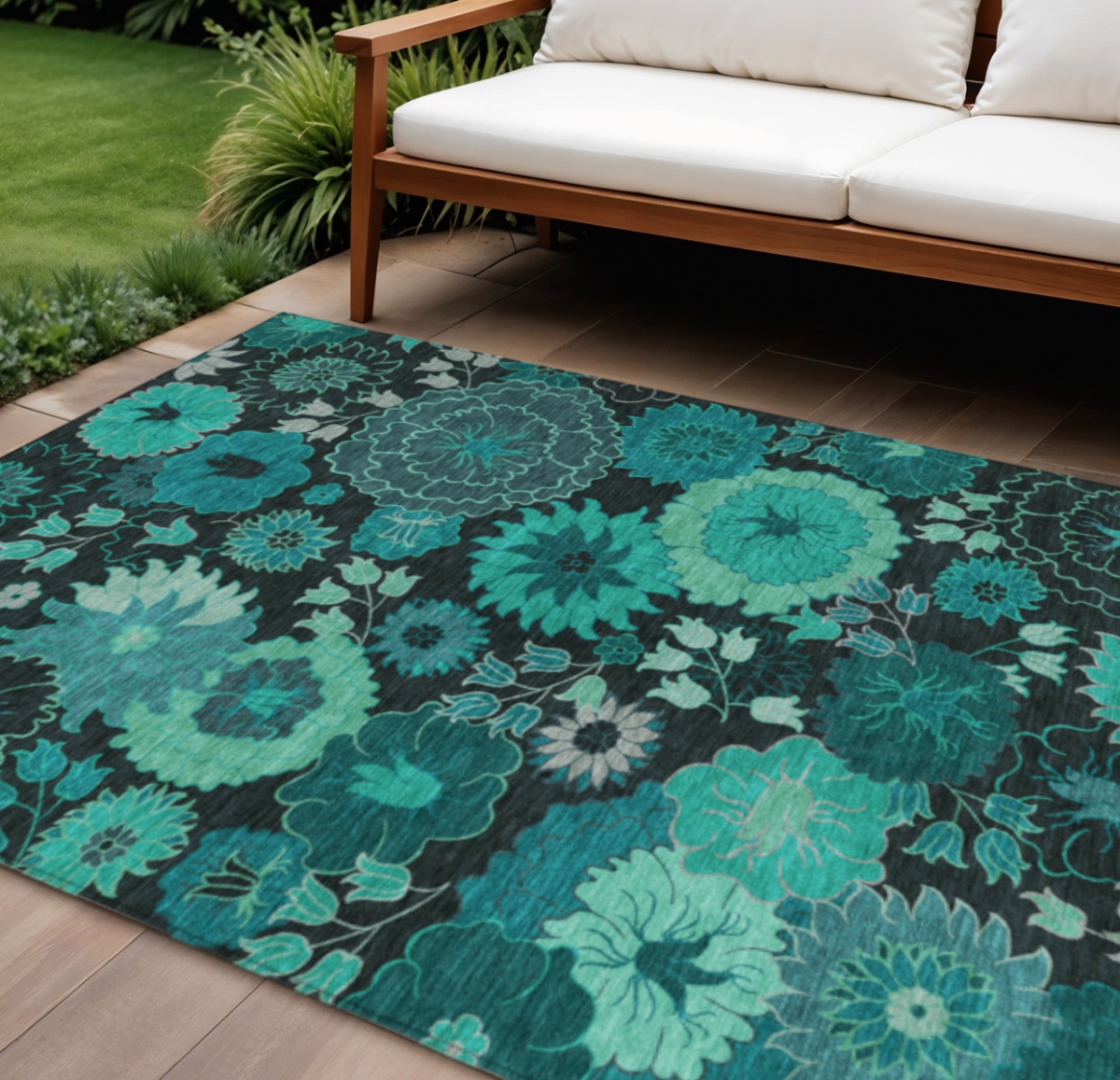 658145 9 x 12 ft. Teal, Blue & Black Floral Washable Transitional Indoor & Outdoor Rectangle Area Rug
