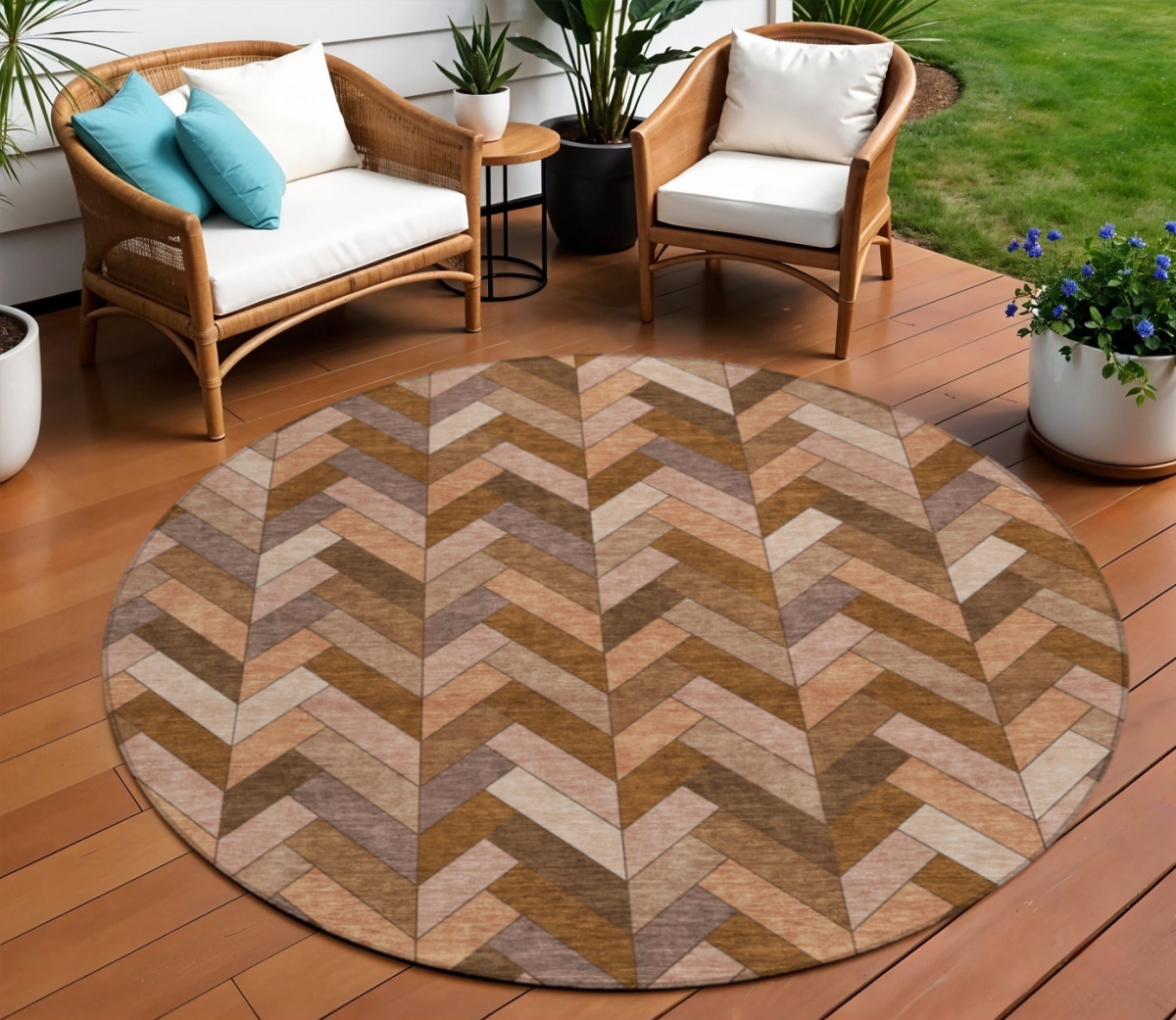 658161 8 ft. Copper & Rust Geometric Washable Transitional Indoor & Outdoor Round Area Rug