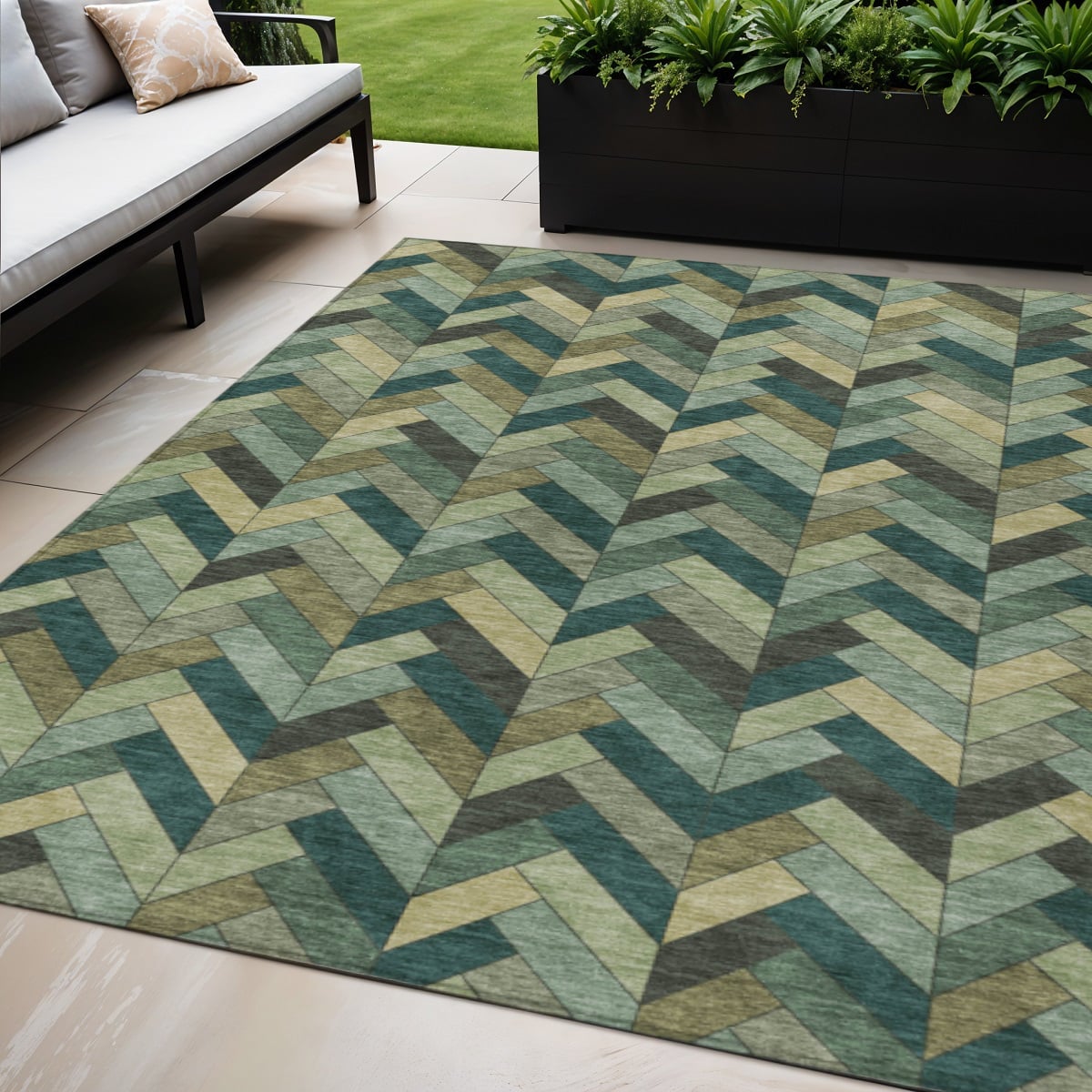 658166 5 x 8 ft. Green & Gray Geometric Washable Transitional Indoor & Outdoor Rectangle Area Rug