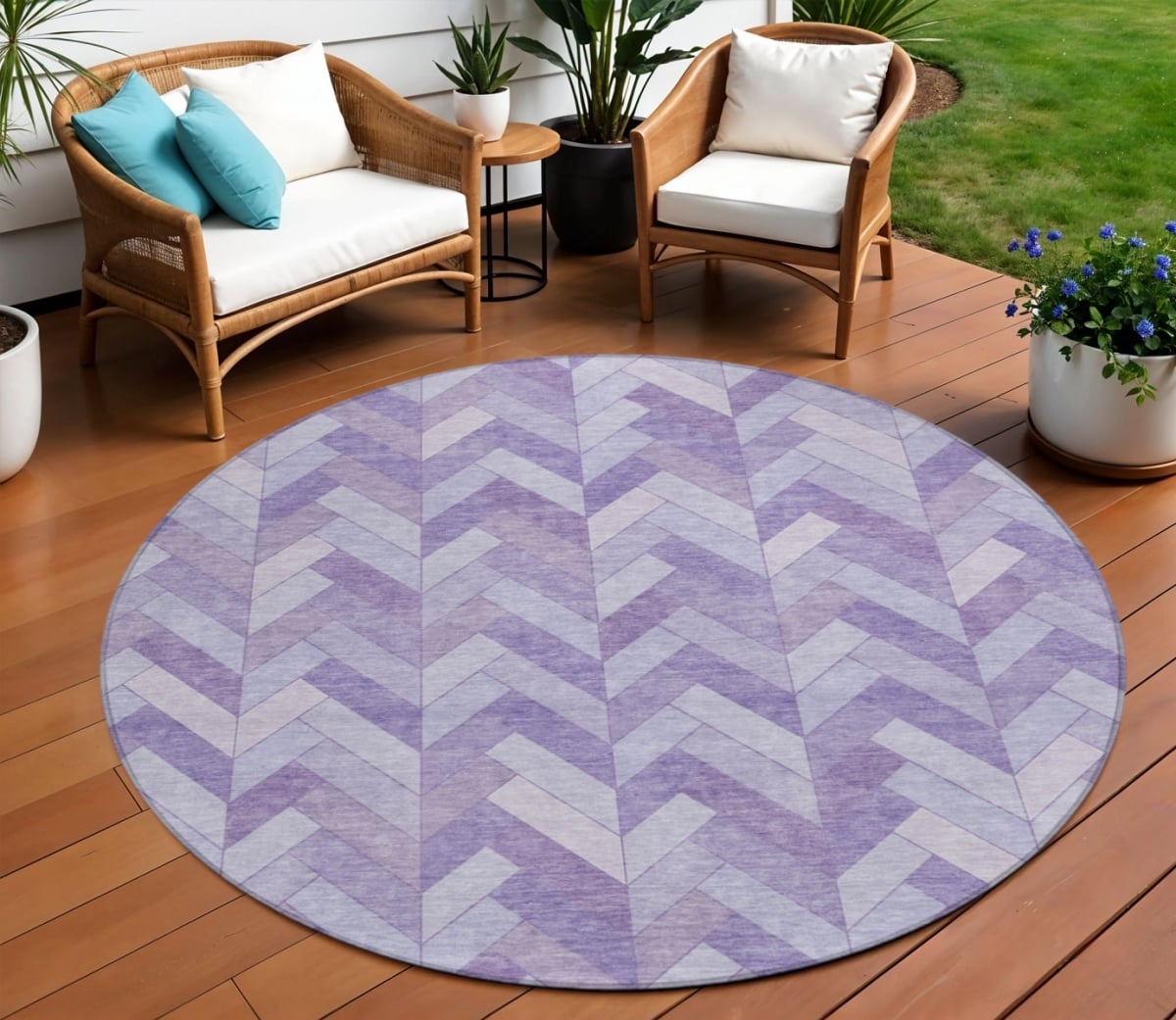 658209 8 ft. Plum & Ivory Geometric Washable Transitional Indoor & Outdoor Round Area Rug