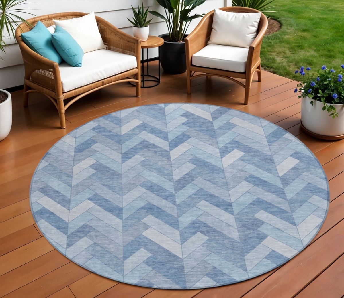 658227 8 ft. Sky Blue & Silver Geometric Washable Transitional Indoor & Outdoor Round Area Rug