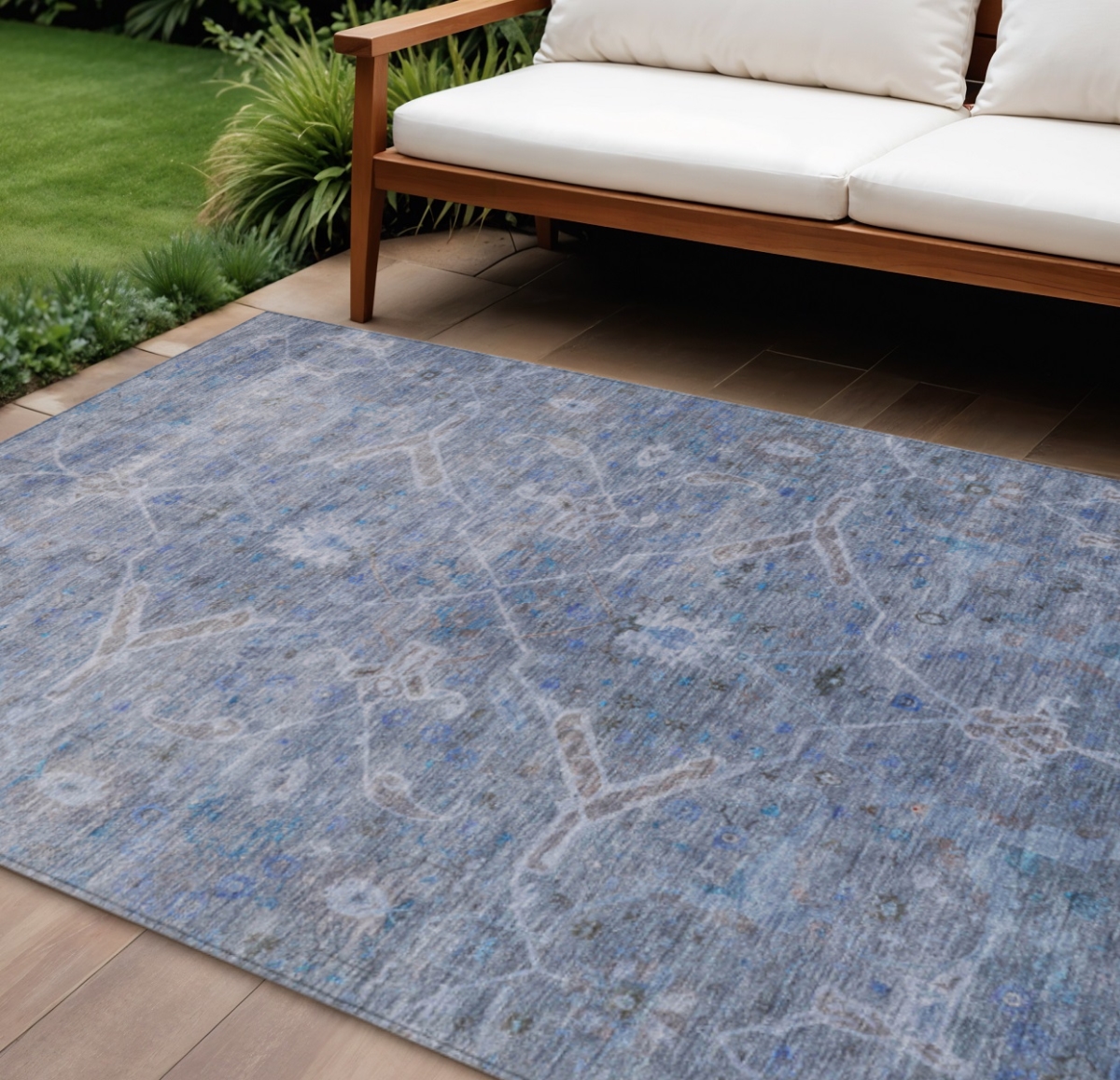 658253 9 x 12 ft. Blue & Gray Floral Washable Traditional Indoor & Outdoor Rectangle Area Rug