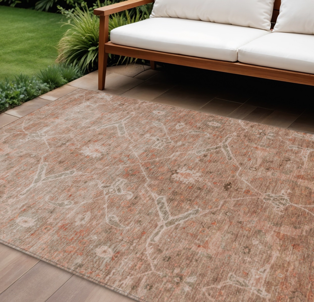 658259 9 x 12 ft. Coral & Copper Floral Washable Traditional Indoor & Outdoor Rectangle Area Rug