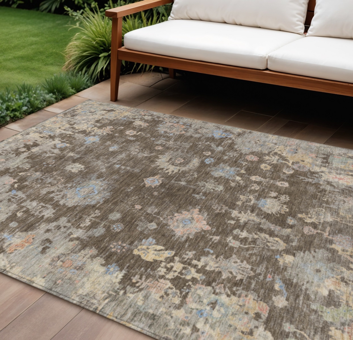 658398 10 x 14 ft. Chocolate & Beige Floral Washable Traditional Indoor & Outdoor Rectangle Area Rug