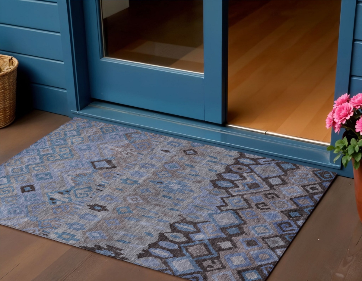 658447 3 x 5 ft. Brown Blue & Charcoal Geometric Washable Transitional Indoor & Outdoor Rectangle Area Rug