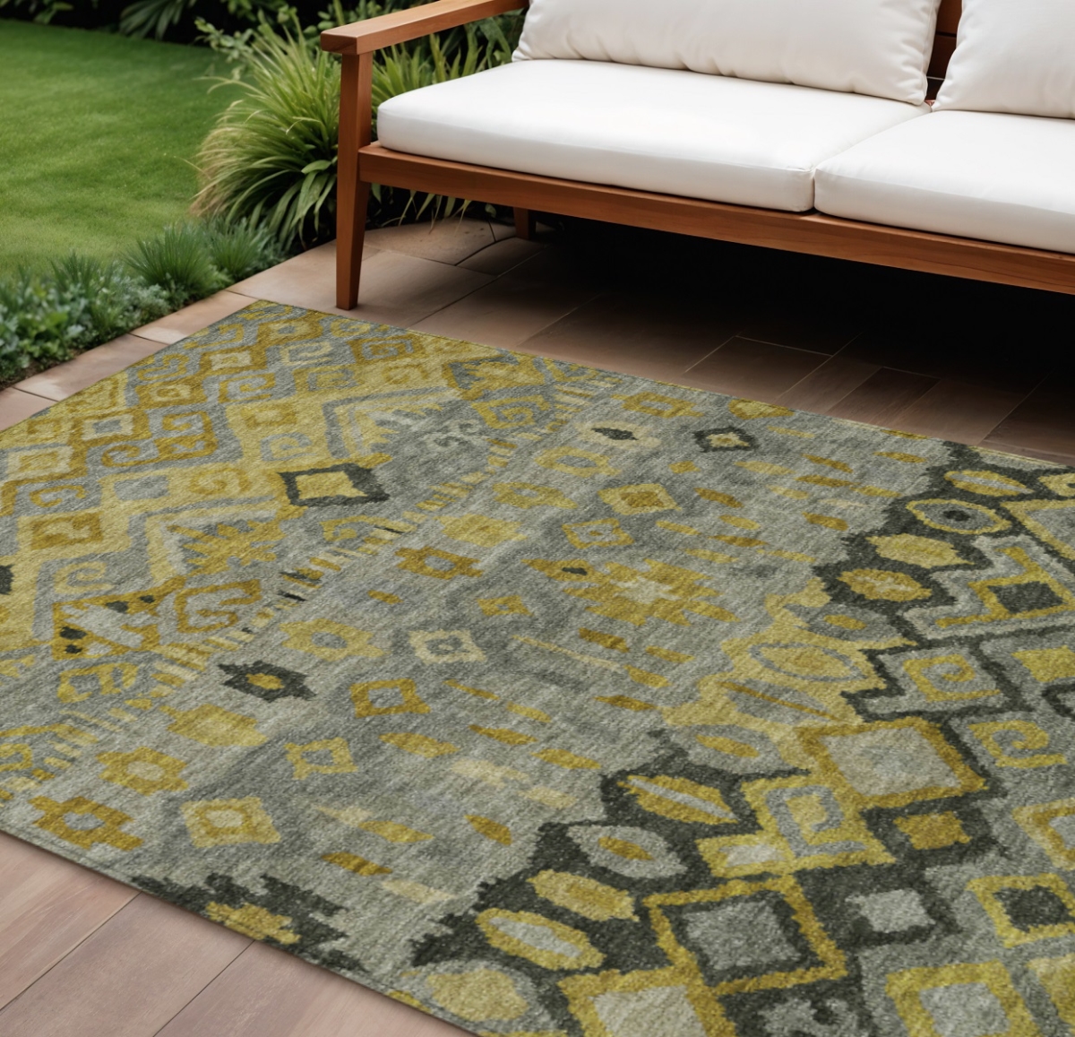 658469 9 x 12 ft. Pewter Gold & Charcoal Geometric Washable Transitional Indoor & Outdoor Rectangle Area Rug