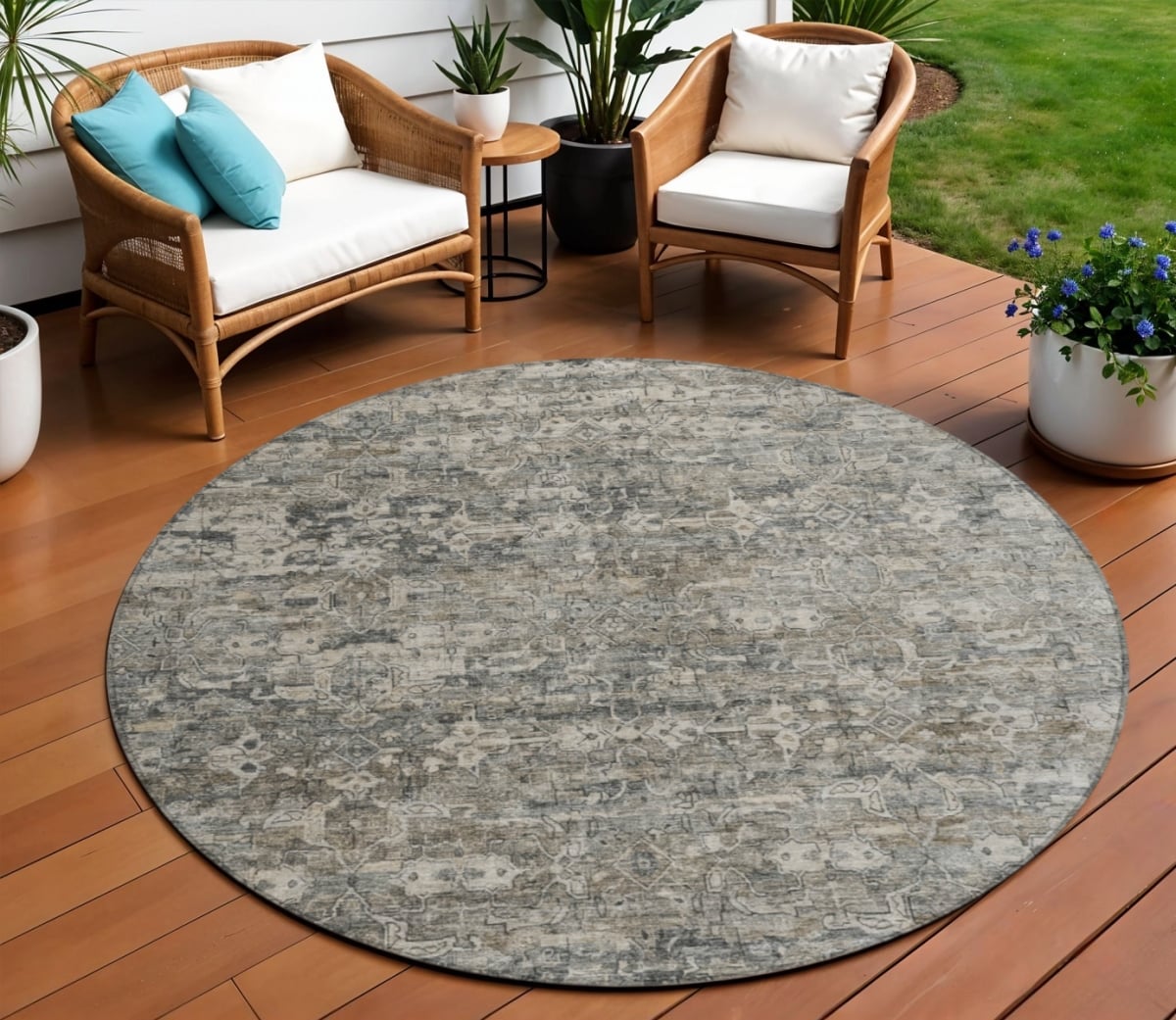 659374 8 ft. Pewter & Silver Ikat Washable Transitional Indoor & Outdoor Round Area Rug