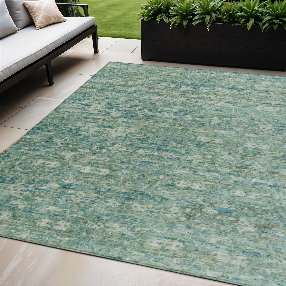 659385 5 x 8 ft. Teal, Blue & Ivory Ikat Washable Transitional Indoor & Outdoor Rectangle Area Rug