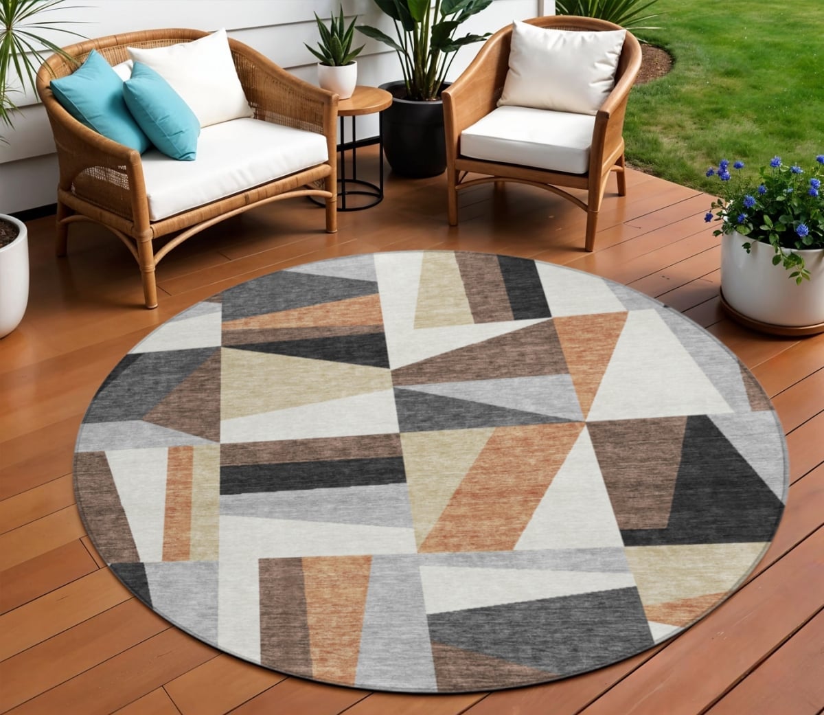 659534 8 ft. Gray Brown & White Geometric Washable Transitional Indoor & Outdoor Round Area Rug