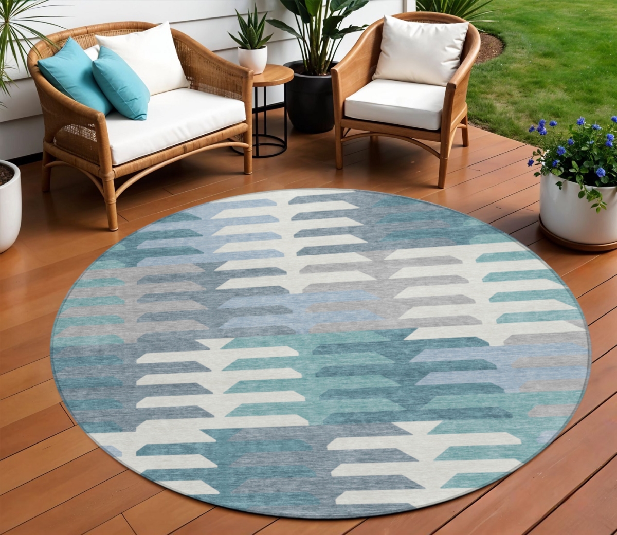 659594 8 ft. Teal Blue, Ivory & Gray Geometric Washable Transitional Indoor & Outdoor Round Area Rug