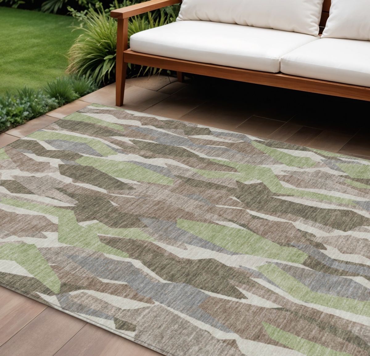 659621 10 x 14 ft. Coffee Fern Green & Khaki Striped Washable Transitional Indoor & Outdoor Rectangle Area Rug