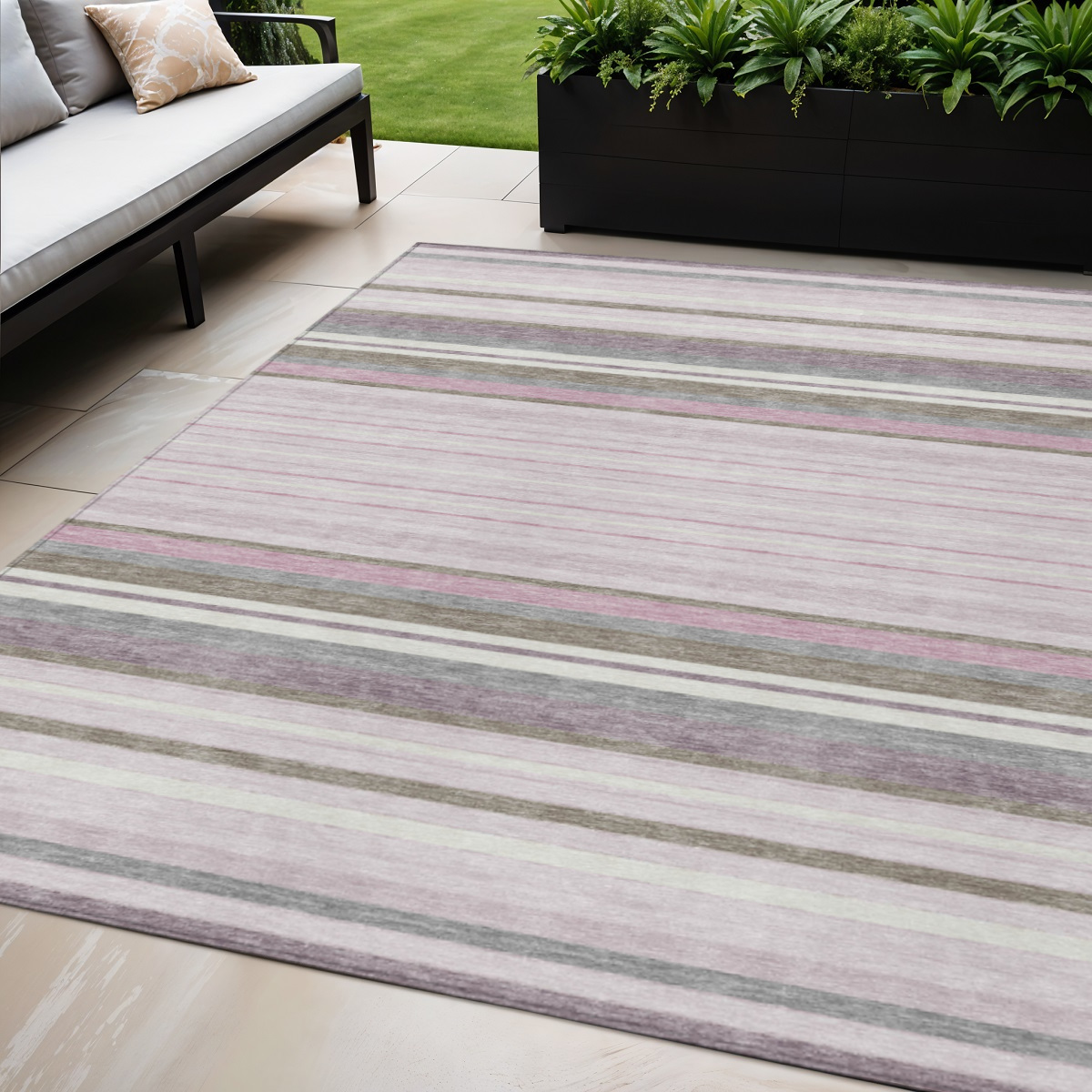 659653 5 x 8 ft. Blush Purple & Ivory Striped Washable Transitional Indoor & Outdoor Rectangle Area Rug