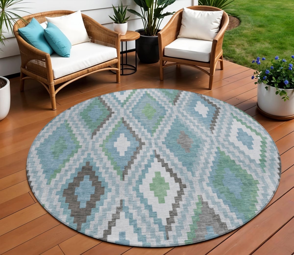 659738 8 ft. Teal Blue, Ivory & Green Geometric Washable Transitional Indoor & Outdoor Round Area Rug