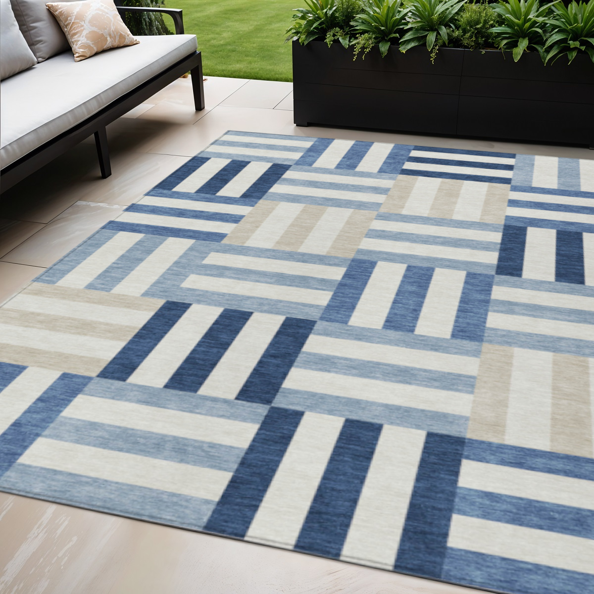 659773 5 x 8 ft. Navy Blue, Ivory & Khaki Geometric Washable Transitional Indoor & Outdoor Rectangle Area Rug