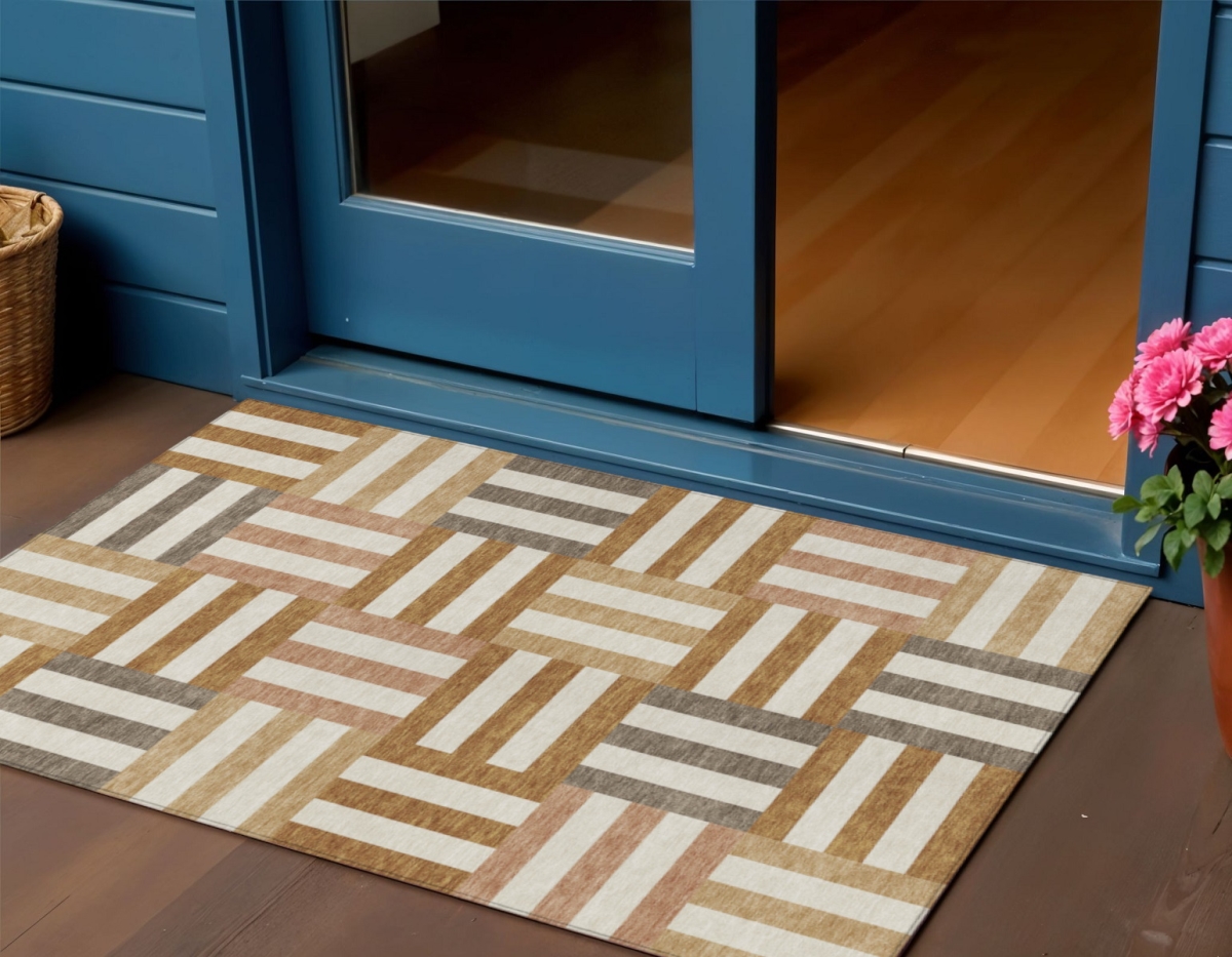 659778 3 x 5 ft. Chili Red Ivory & Copper Geometric Washable Transitional Indoor & Outdoor Rectangle Area Rug