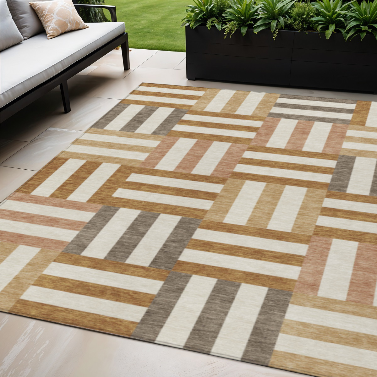 659779 5 x 8 ft. Chili Red Ivory & Copper Geometric Washable Transitional Indoor & Outdoor Rectangle Area Rug