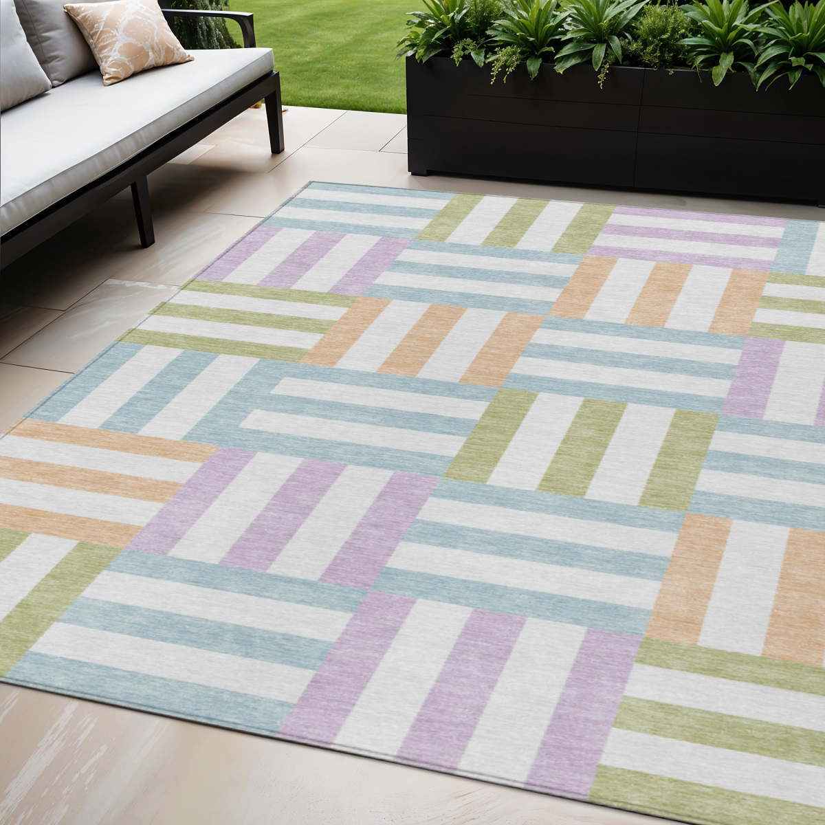 659785 5 x 8 ft. Pearl Blue & Lavender Geometric Washable Transitional Indoor & Outdoor Rectangle Area Rug
