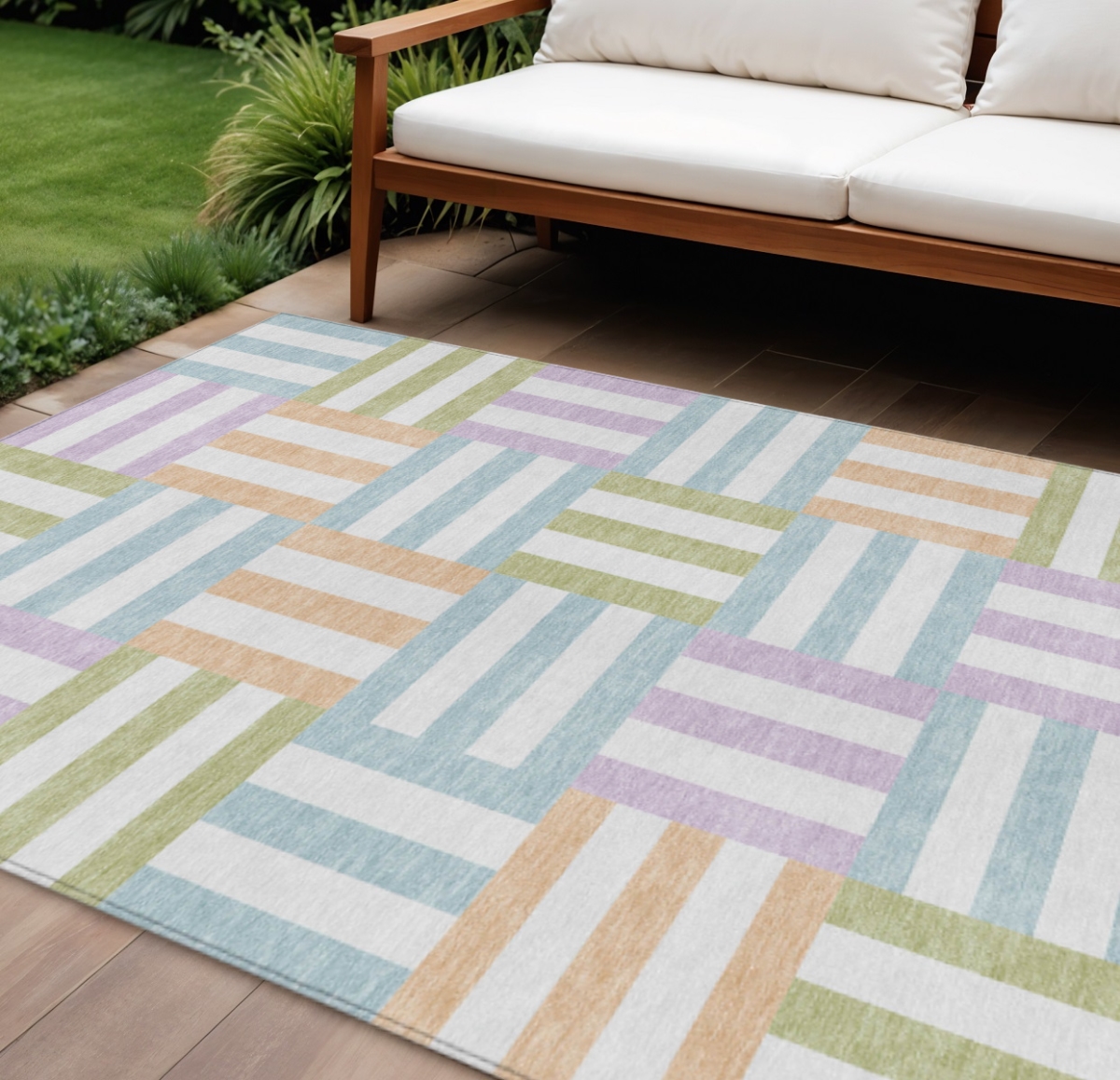 659788 9 x 12 ft. Pearl Blue & Lavender Geometric Washable Transitional Indoor & Outdoor Rectangle Area Rug