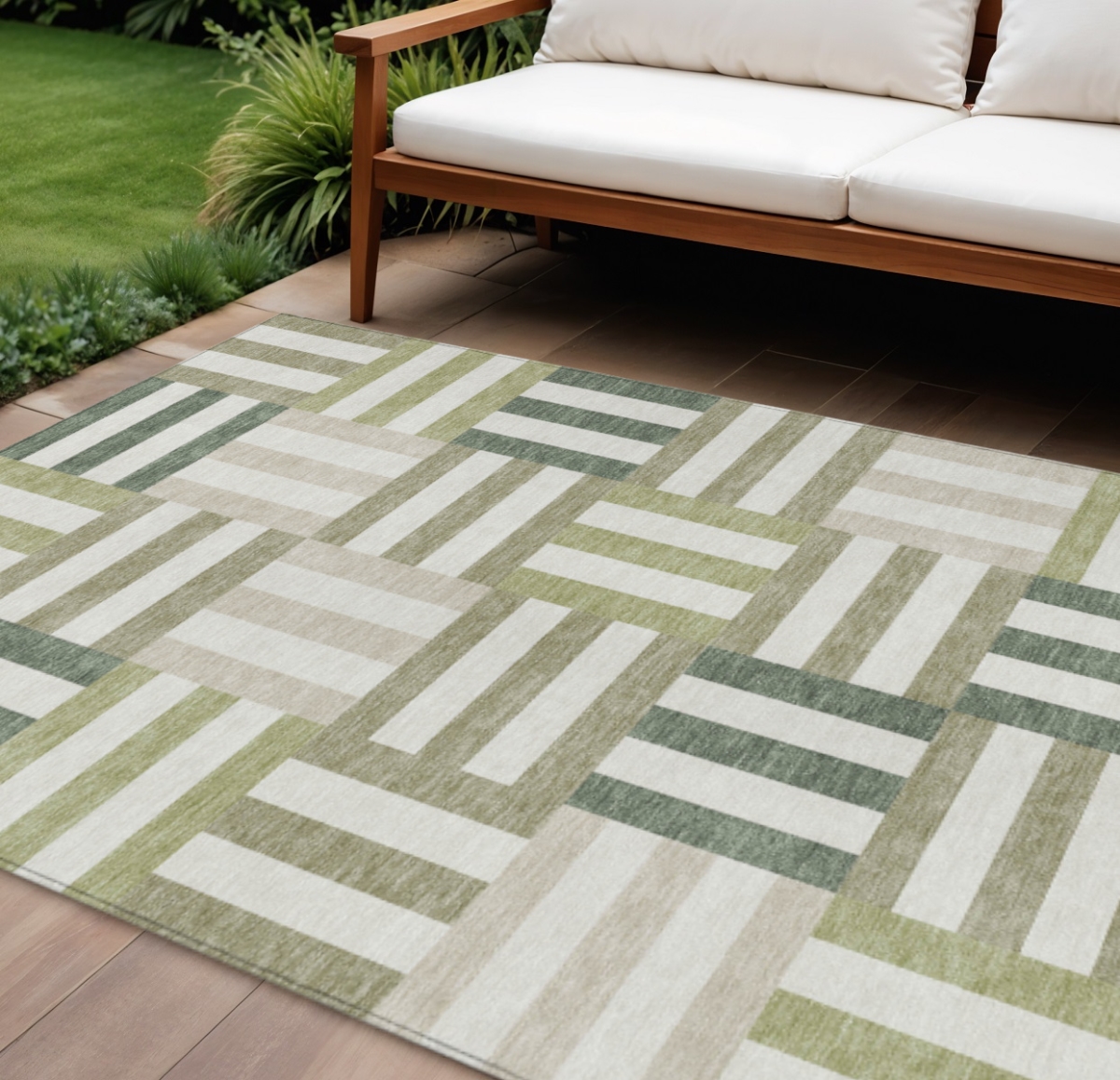 659795 10 x 14 ft. Sage Ivory & Taupe Geometric Washable Transitional Indoor & Outdoor Rectangle Area Rug