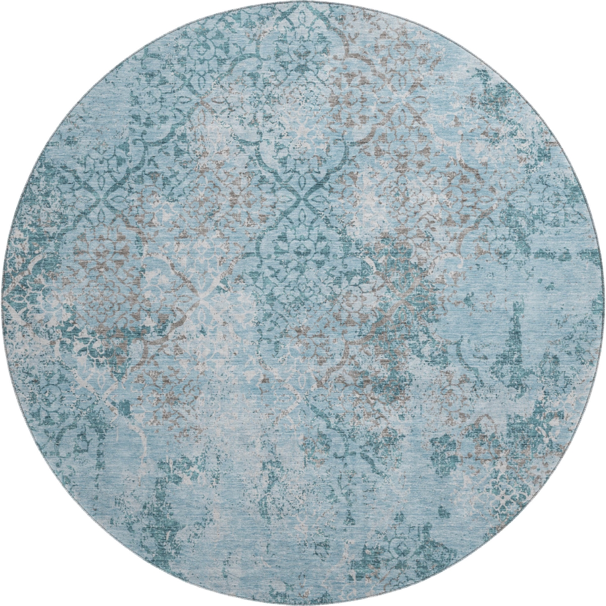 664527 8 ft. Teal Ivory & Gray Abstract Transitional Washable Round Area Rug with UV Protection