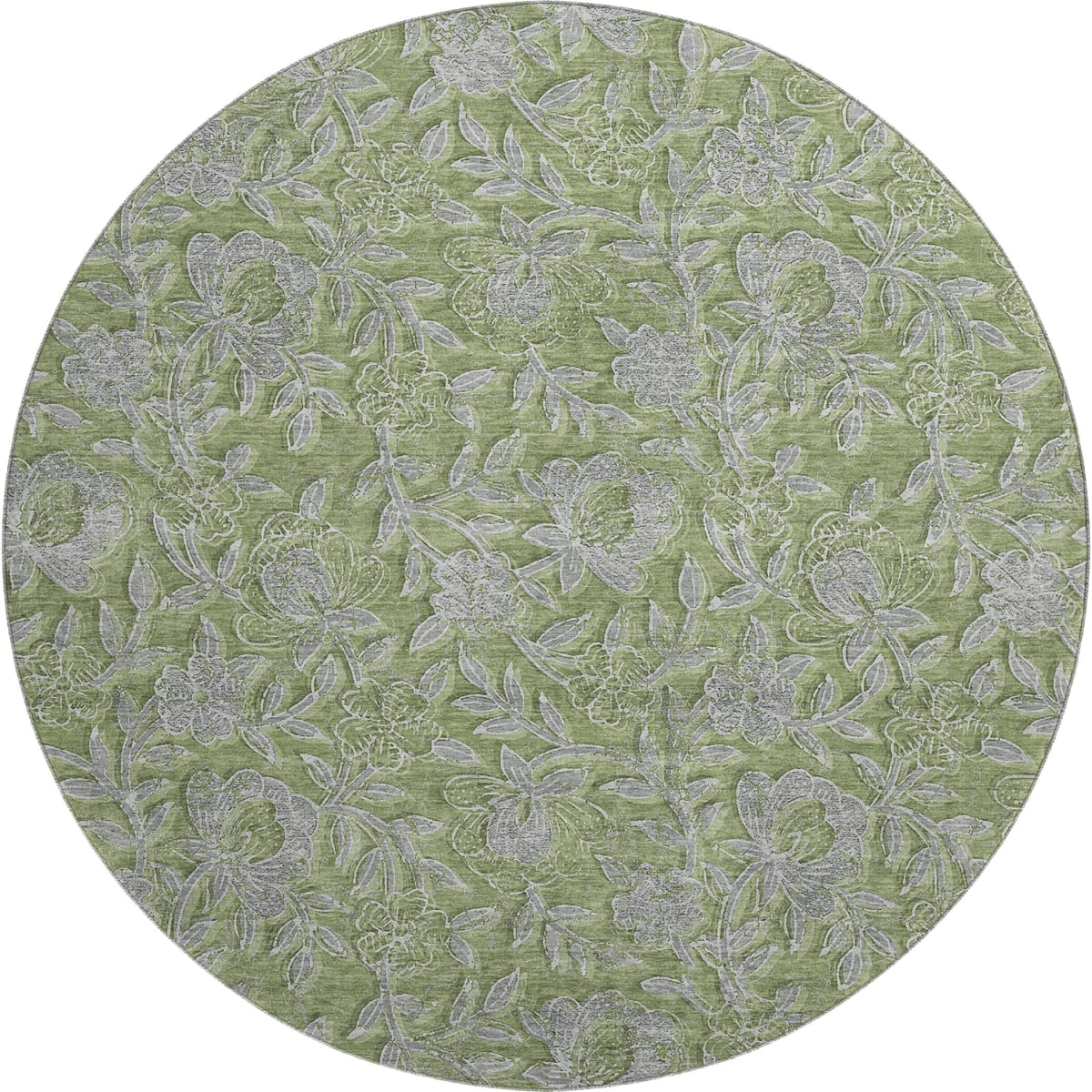 664633 8 ft. Olive Green & Gray Floral Transitional Washable Round Area Rug with UV Protection