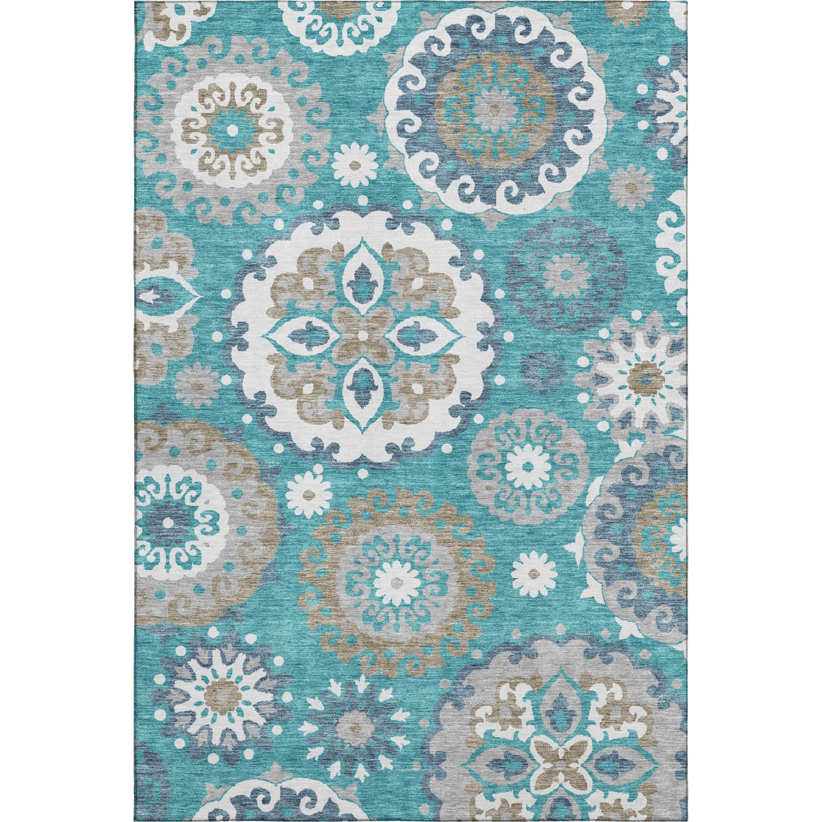 664076 5 x 8 ft. Teal Ivory & Gray Medallion Transitional Washable Machine Made Rectangle Area Rug with UV Protection
