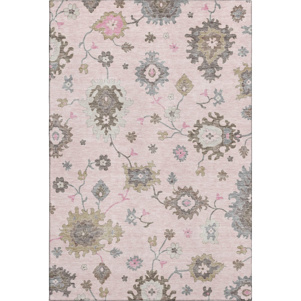 663305 10 x 14 ft. Pink, Ivory & Brown Floral Medallion Washable Machine Made Rectangle Area Rug with UV Protection