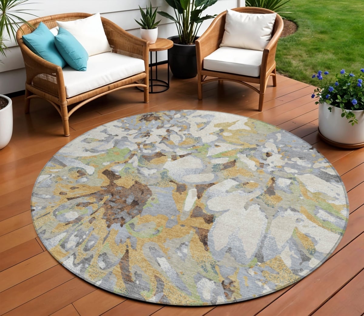 660471 8 ft. Wheat Ivory & Gray Floral Washable Transitional Indoor & Outdoor Round Area Rug