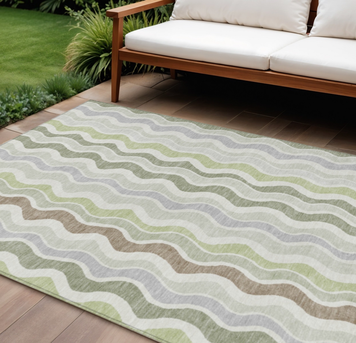 660520 8 x 10 ft. Artichoke Green, Ivory & Brown Striped Washable Transitional Indoor & Outdoor Rectangle Area Rug