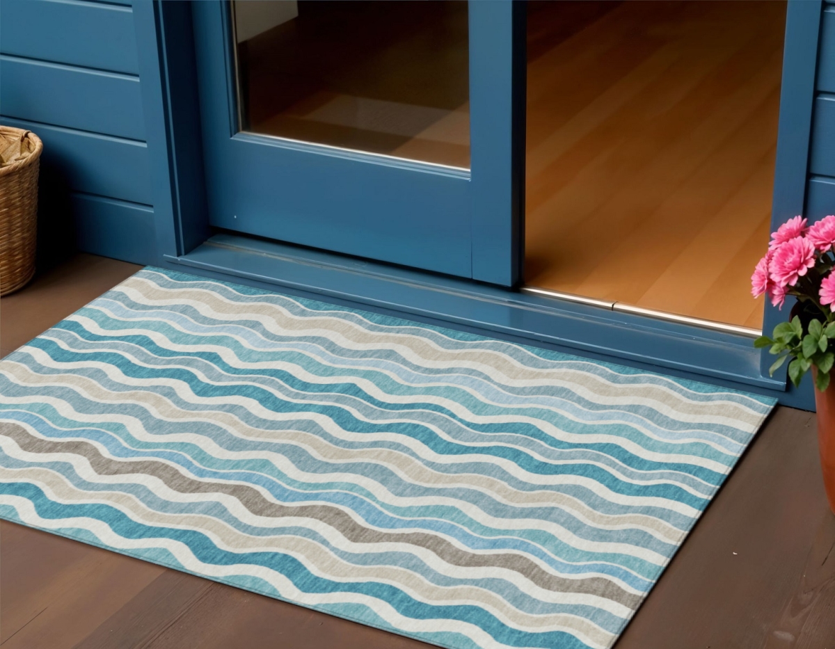 660553 3 x 5 ft. Teal Blue, Ivory & Beige Striped Washable Transitional Indoor & Outdoor Rectangle Area Rug