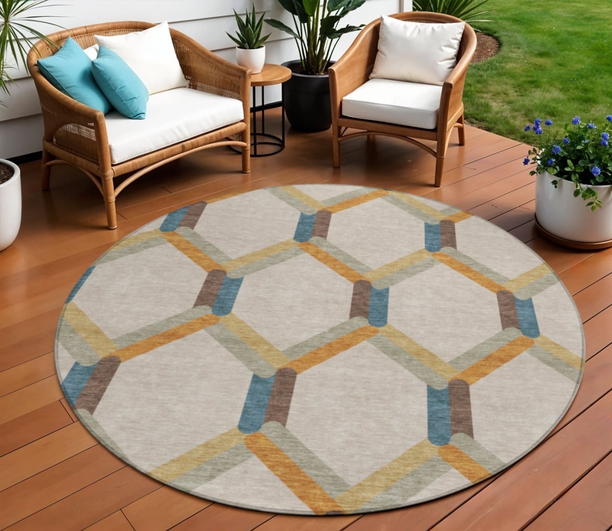 660561 8 ft. Beige Wheat & Blue Geometric Washable Transitional Indoor & Outdoor Round Area Rug