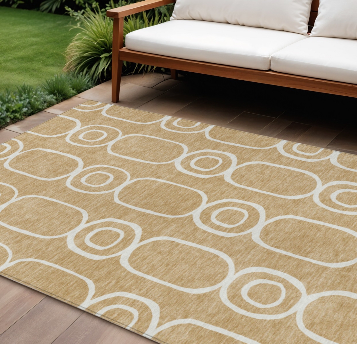 660617 9 x 12 ft. Gold & Ivory Geometric Washable Transitional Indoor & Outdoor Rectangle Area Rug