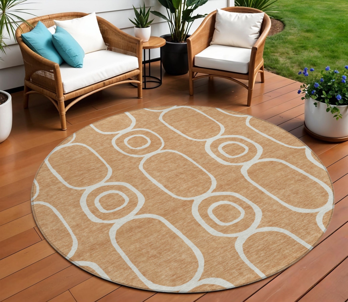 660627 8 ft. Rust & Ivory Geometric Washable Transitional Indoor & Outdoor Round Area Rug