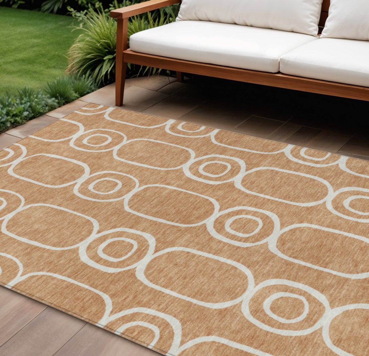 660630 10 x 14 ft. Rust & Ivory Geometric Washable Transitional Indoor & Outdoor Rectangle Area Rug