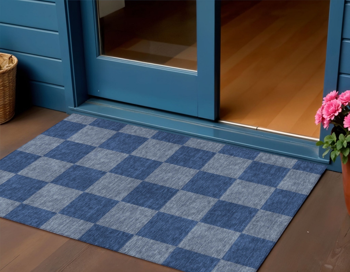 660667 3 x 5 ft. Blue & Gray Geometric Washable Transitional Indoor & Outdoor Rectangle Area Rug