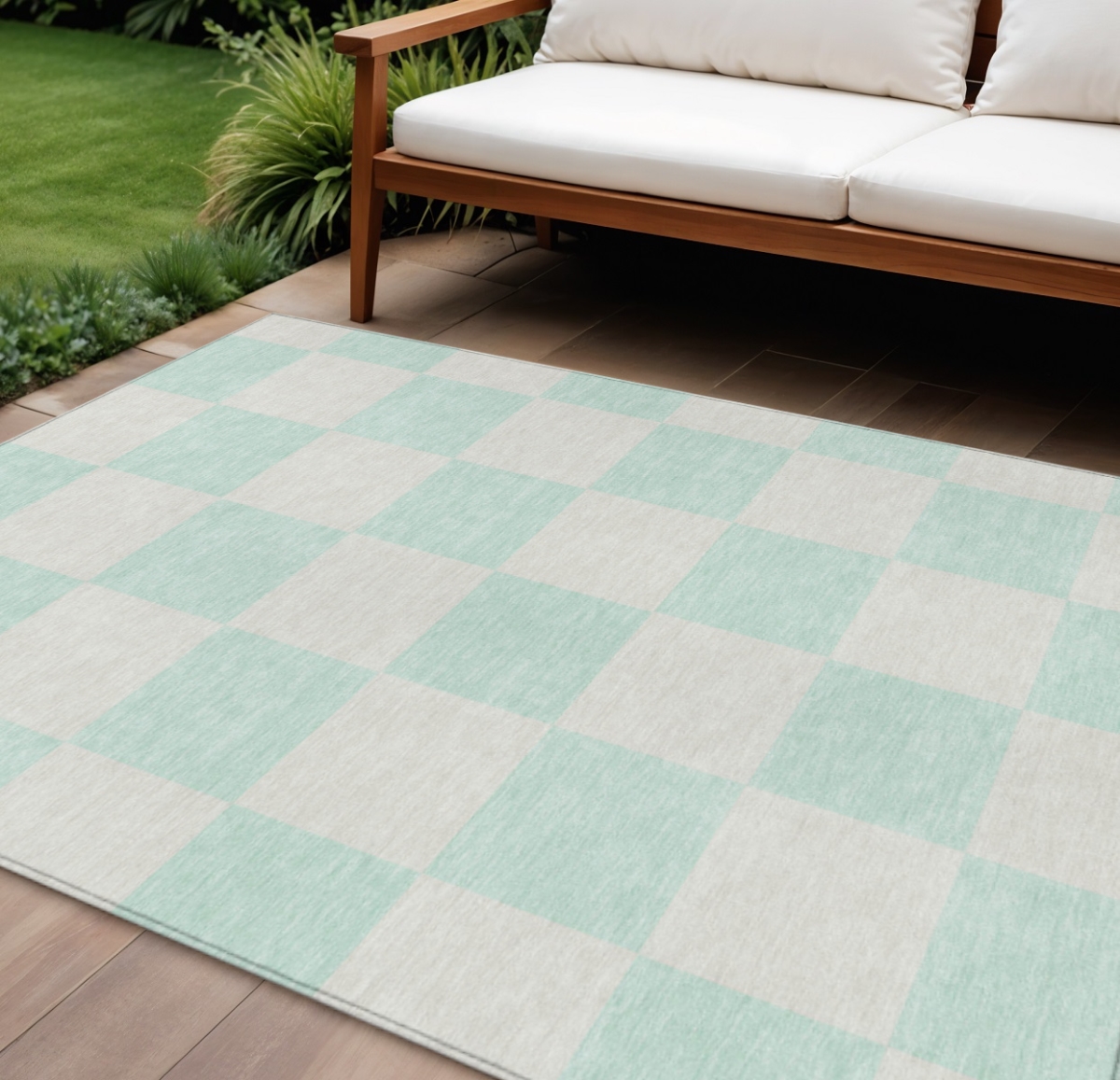 660720 10 x 14 ft. Mint Green & Ivory Geometric Washable Transitional Indoor & Outdoor Rectangle Area Rug