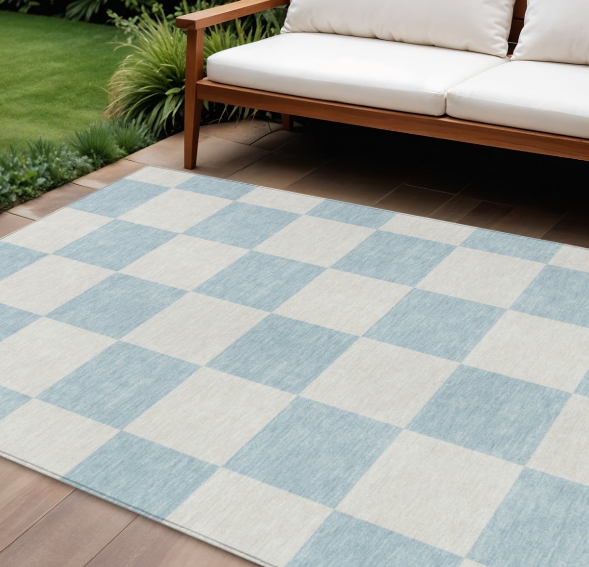 660755 9 x 12 ft. Sky Blue & Ivory Geometric Washable Transitional Indoor & Outdoor Rectangle Area Rug