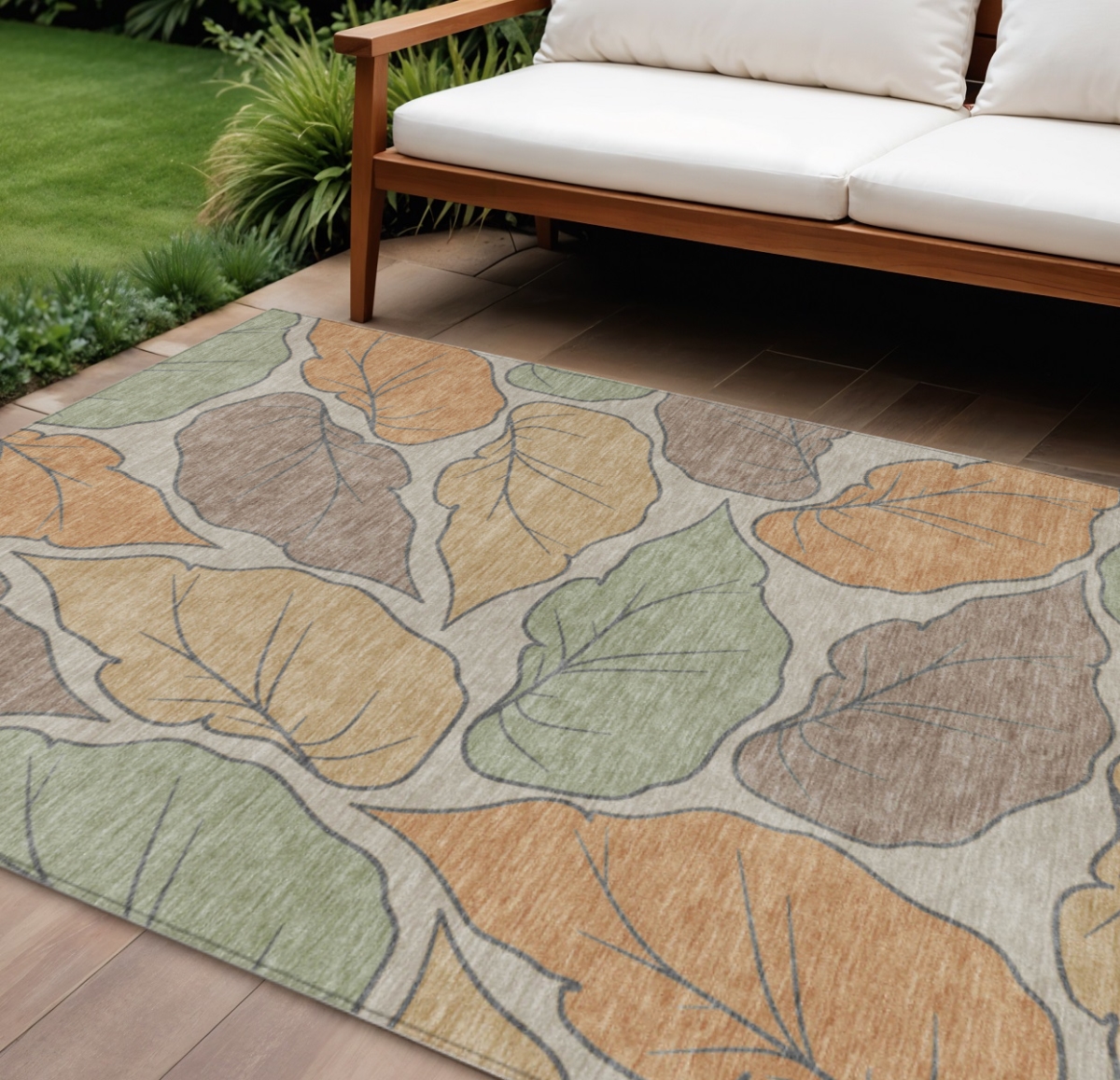 660862 8 x 10 ft. Copper, Ivory & Sage Botanical Leaves Washable Transitional Indoor & Outdoor Rectangle Area Rug