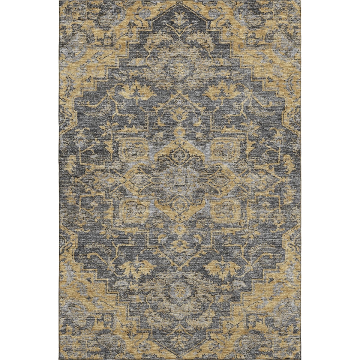 664749 9 x 12 ft. Gray Gold & Silver Floral Medallion Washable Machine Made Rectangle Area Rug with UV Protection