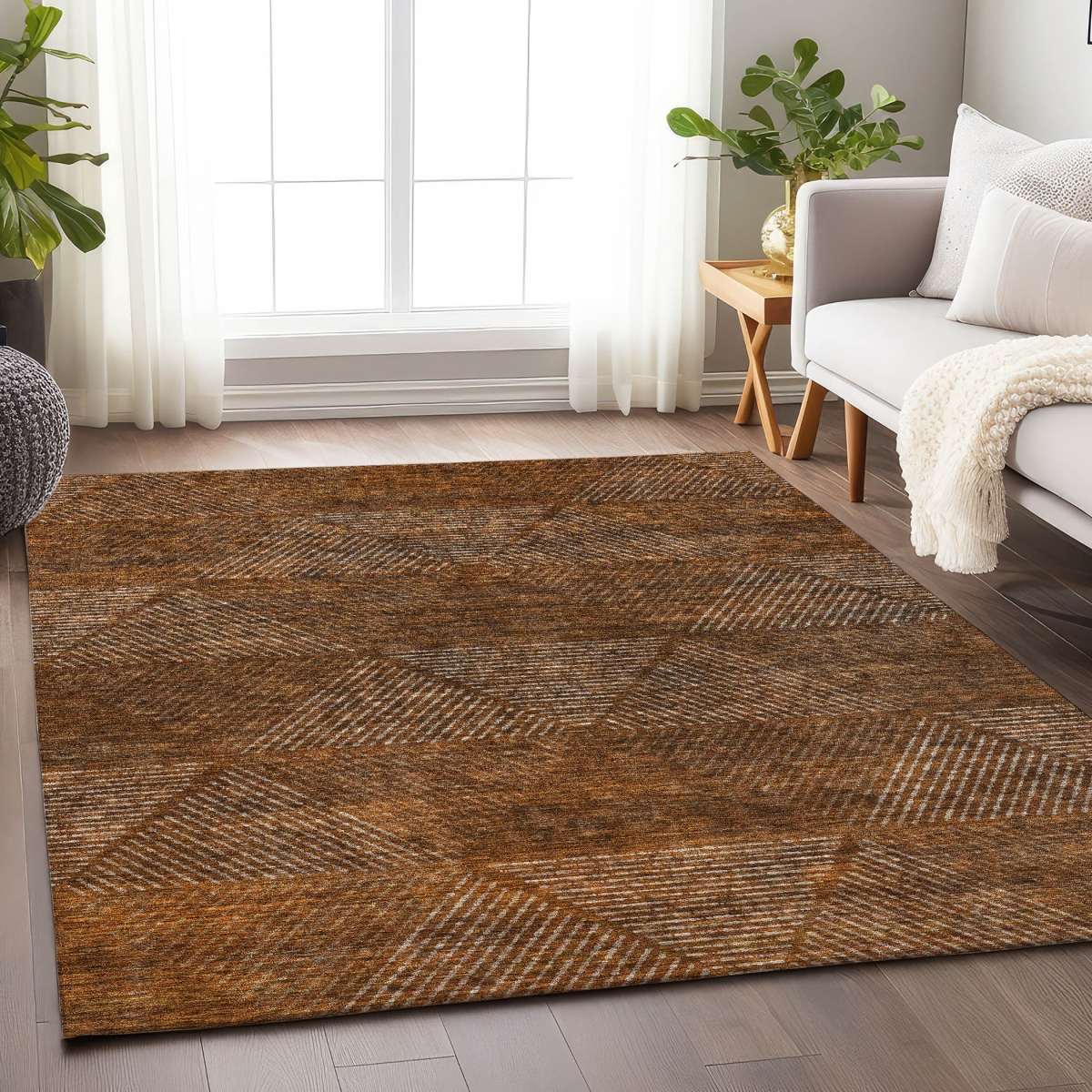 664892 8 x 10 ft. Terra Cotta Beige & Gray Geometric Washable Machine Made Rectangle Area Rug with UV Protection