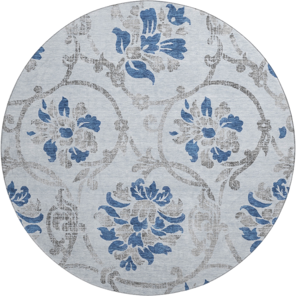 663999 8 ft. Sky Blue, Gray & Silver Floral Washable Round Area Rug with UV Protection