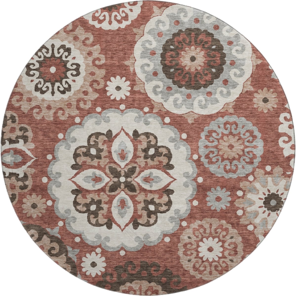 664047 8 ft. Rust Gray & Beige Medallion Washable Round Area Rug with UV Protection