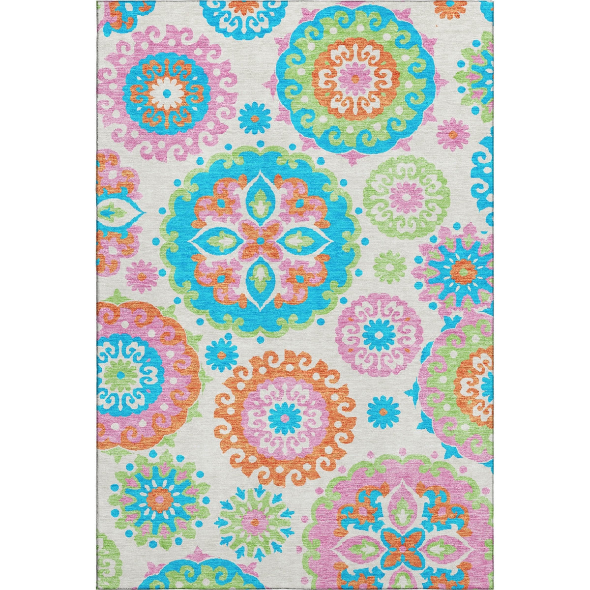 664082 5 x 8 ft. White Orange & Teal Medallion Washable Machine Made Rectangle Area Rug with UV Protection