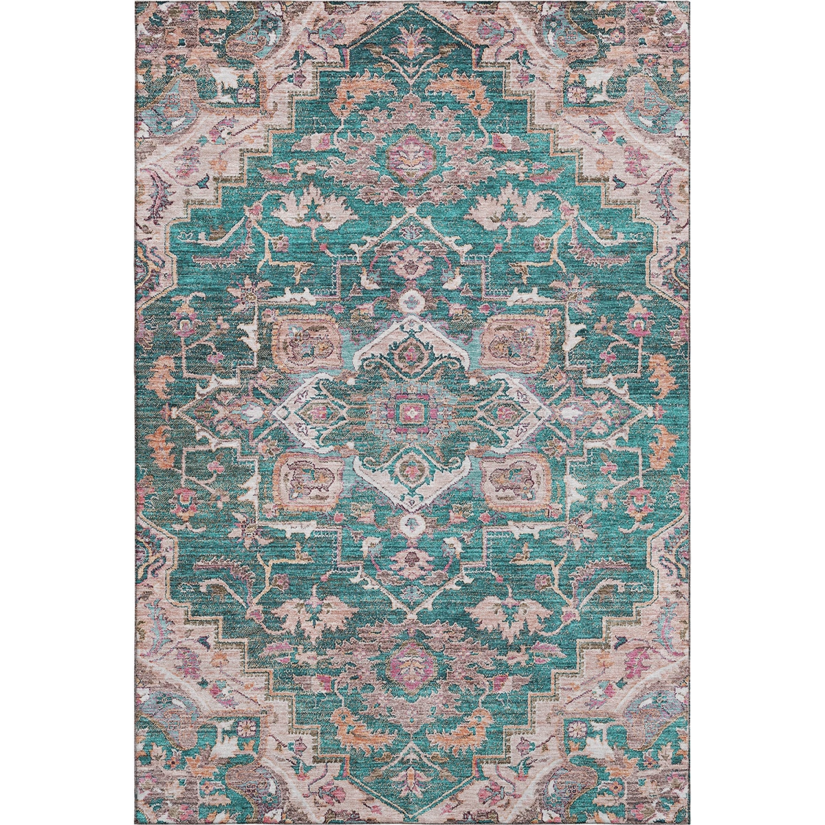 664740 5 x 8 ft. Emerald Beige & Teal Floral Medallion Washable Machine Made Rectangle Area Rug with UV Protection
