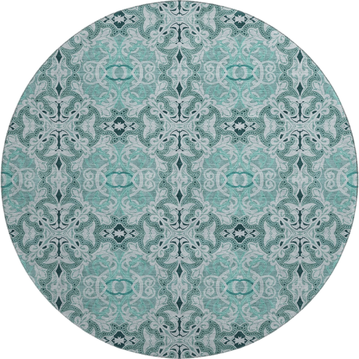 665113 8 ft. Teal & Ivory Medallion Transitional Washable Round Area Rug with UV Protection