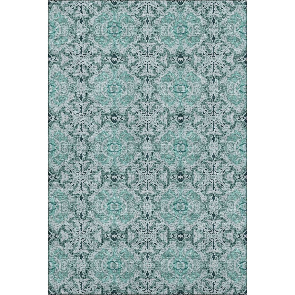 665116 10 x 14 ft. Teal & Ivory Medallion Transitional Washable Machine Made Rectangle Area Rug with UV Protection