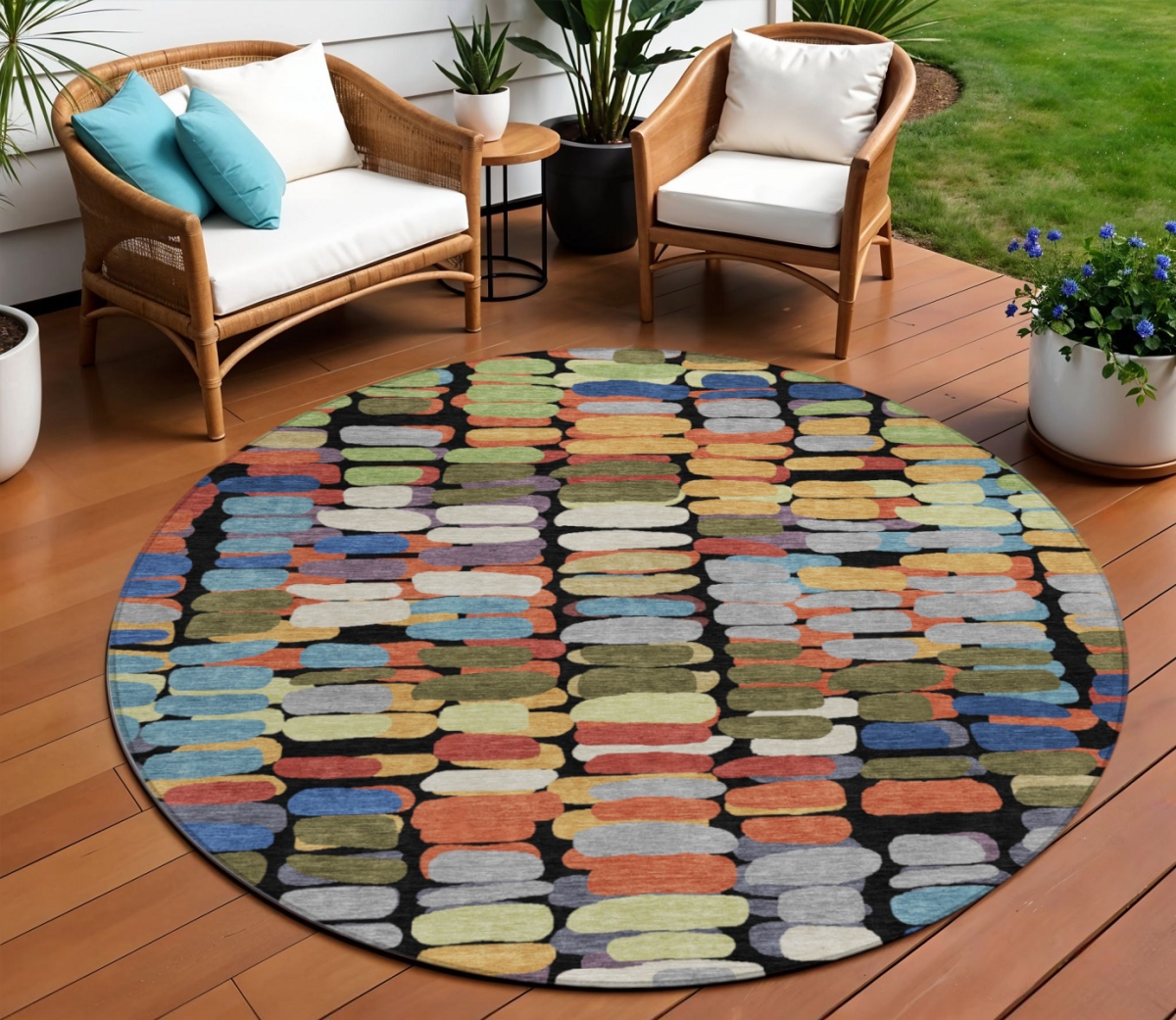 660885 8 ft. Black, Green & Blue Abstract Washable Transitional Indoor & Outdoor Round Area Rug