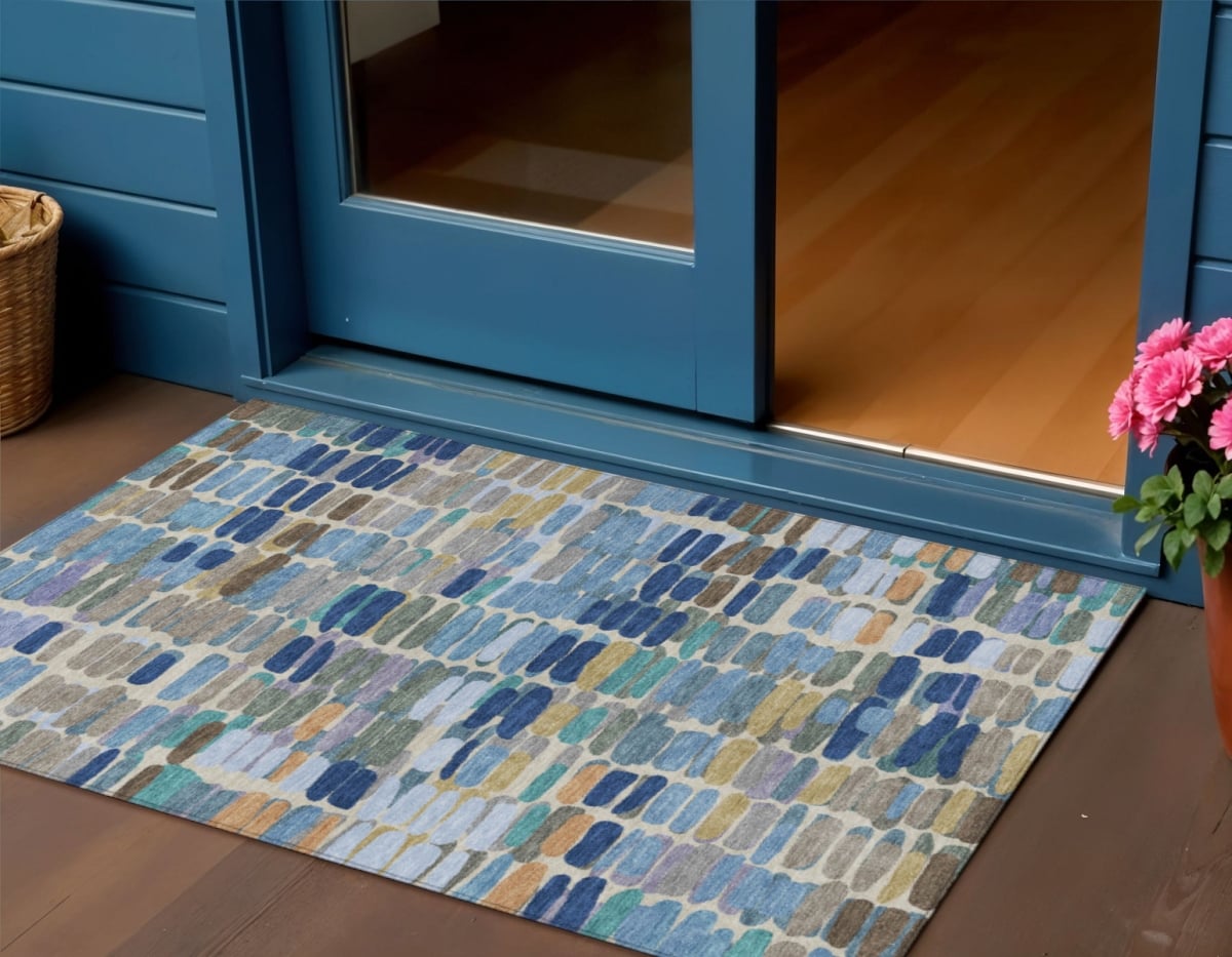 660901 3 x 5 ft. Denim Blue Wheat & Beige Abstract Washable Transitional Indoor & Outdoor Rectangle Area Rug